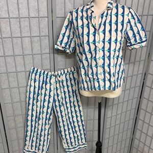 Love & Lore Women's Blue & White Cotton Pajama Set, With Bag